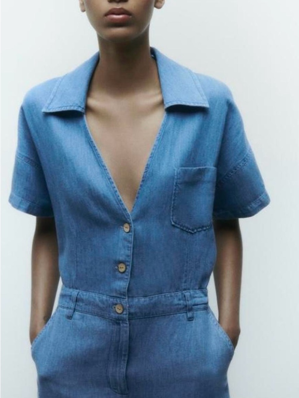 Zara| Z1975 Light Blue Denim V-Neck Short Sleeve High Waisted Jumpsuit Sz M